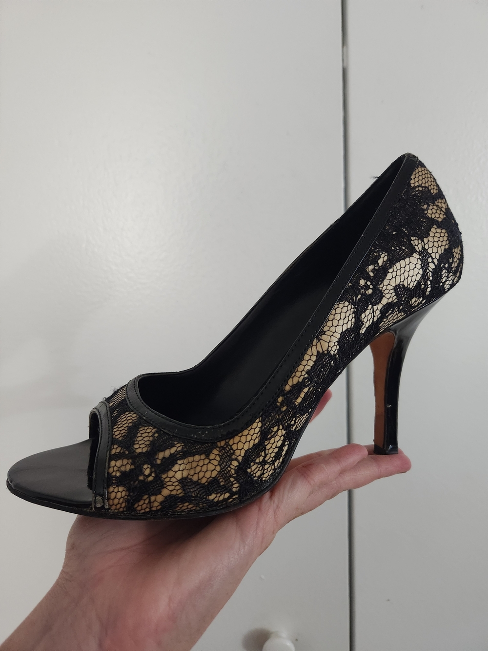White House Black Market Black Lace Open-Toe Stiletto Pump